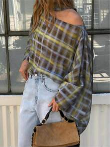 女士复古时尚系带圆领宽松撞色格纹蝴蝶袖雪纺衬衫，优雅复古超大款春季上衣 - 彩色 - 查看 7