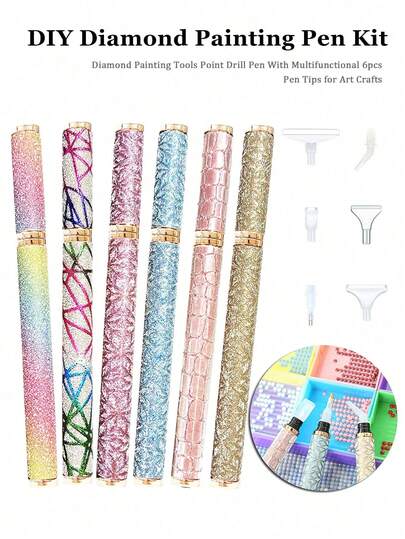 Shiny DIY Diamond Painting Pen Kit 5D Diamond Painting Tools Point Drill Pen With Multifunctional 6pcs Pen Tips For Art Crafts Diamond Painting Tools Accessories Beginners Hobby