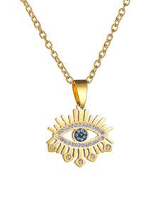1件装奢华蓝色水晶恶魔眼不锈钢项链（女士款） - 金色 - 查看 4