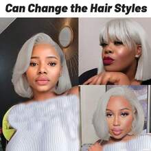 10-13 Zoll silbergrauer gerader Bob Perücke, 180% Dichte Echthaar Lace Front Perücke, vorgeschnittene natürliche Haaransatz, verstellbar, ohne Kleber, kurze wellige Bob Perücke für Frauen, aus US Lager versendet - Silbergrau - Übersicht 7