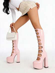 Women's Knee High Boots Patent Leather Platform Round Toe Chunky Block Heeled Boots Lolita Y2K Gothic Buckle Waterproof Platform Cool Boots With Side Zipper For Halloween Christmas - 粉色 - 查看 5