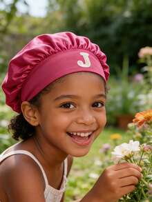 1顶儿童帽子，A-Z字母图案，玫瑰红色弹力宽檐丝滑缎面睡帽，带防滑内带 - 安全贴合，保护女孩头发，超柔软透气设计 - 玫紅色 - 查看 4