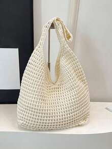 Women's Aesthetic Crochet Beach Shopper Tote Knitted Net Underarm Bag For Summer Versatile Shoulder Bag Women's Shoulder Bags Casual Woven Ladies Handmade Totes Large Capacity Summer Beach Female's Messenger Bag , Beach Bag , Crochet - Beige - View 8