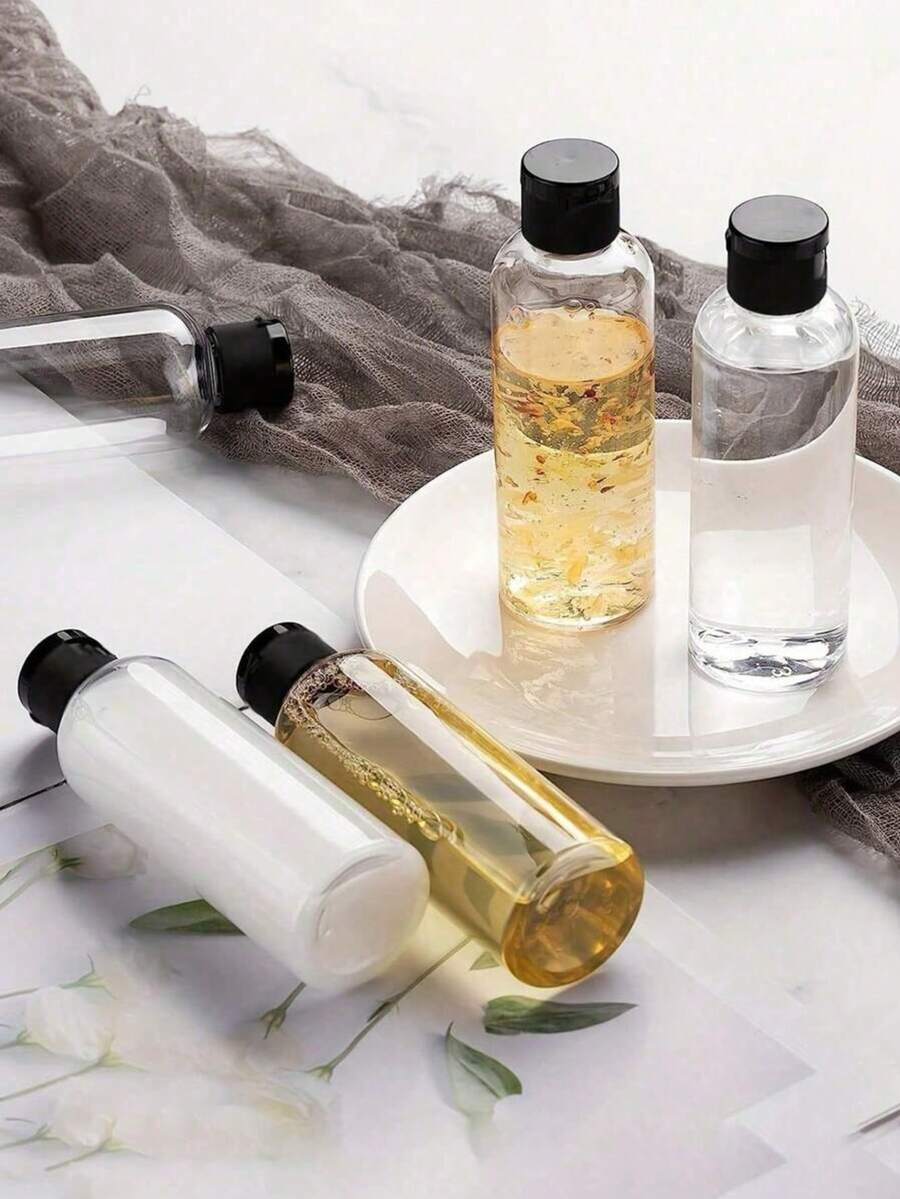 5个透明圆形黑色盖可重复灌装瓶,小型防漏挤压瓶,带翻盖,旅行空瓶,化妆品样品容器,旅行瓶,适用于洗漱用品、洗发水、乳液、护发素、精油、香水、旅行化妆配件、便携式收纳(塑料生产过程中可能会出现一些轻微划痕,这是正常现象,敬请谅解) - 黑色 - 查看 1