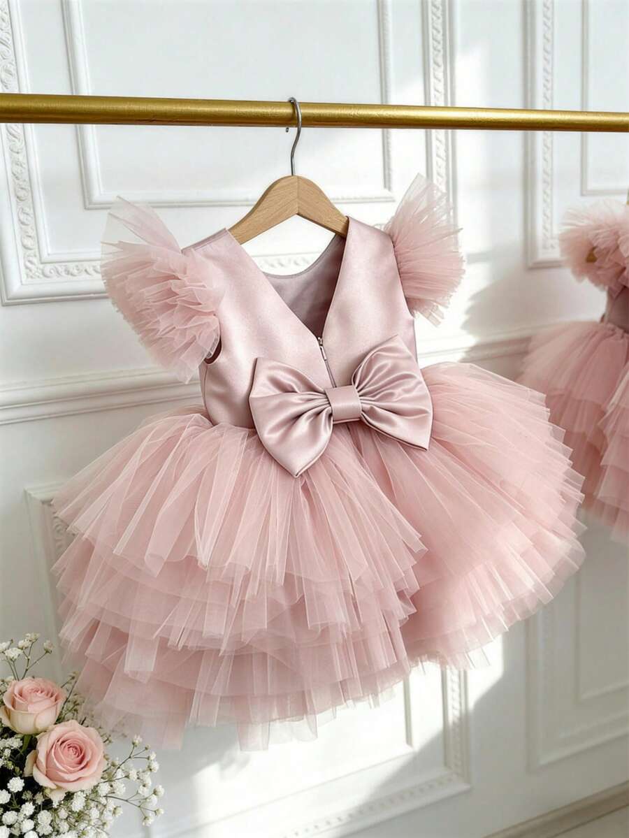Baby Girls Bow Flutter Sleeve Pink Tulle Elegant Dress Princess Gown Suitable For Baby 1st Birthday Gift Party Evening Dress Wedding Flower Girl Outfit Holiday Celebration Clothing - Pink - View 1