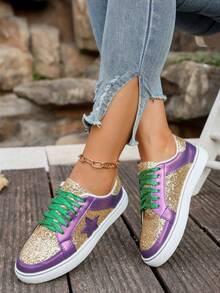 Women's Gold Sequin Patchwork Leather Round Toe Lace-Up Thick Sole Low-Top Multifunctional Fashion Casual Sneakers, Rubber Sole Waterproof Anti-Slip Durable Lightweight Casual Shoes, Spring/Autumn New Versatile Sneakers - Purple Gold - View 3