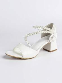 Women's Block Heel Sandals With Beaded Ankle Strap Bridal Style White Wedding Heels - White - View 6
