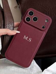 Customized Luxury Litchi Texture Leather Phone Case, Personalized Letter Name, Compatible With Apple 17, 16, 15, 14, 13, 12, 11 Pro Max, 16 Plus, 17 Air, Full Camera Protection Anti-Fall Anti-Fingerprint Phone Case - Burgundy - View 1