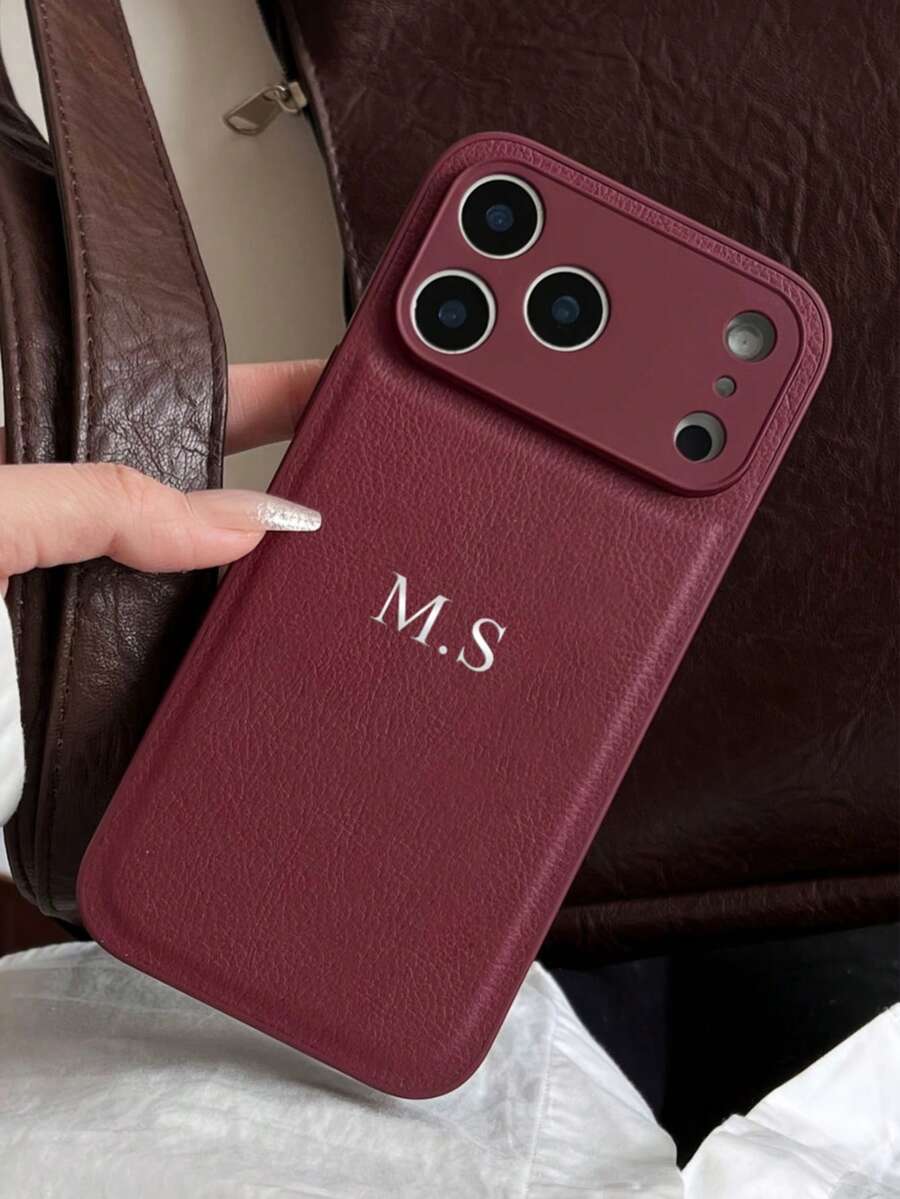 Customized Luxury Litchi Texture Leather Phone Case, Personalized Letter Name, Compatible With Apple 17, 16, 15, 14, 13, 12, 11 Pro Max, 16 Plus, 17 Air, Full Camera Protection Anti-Fall Anti-Fingerprint Phone Case - Burgundy - View 1