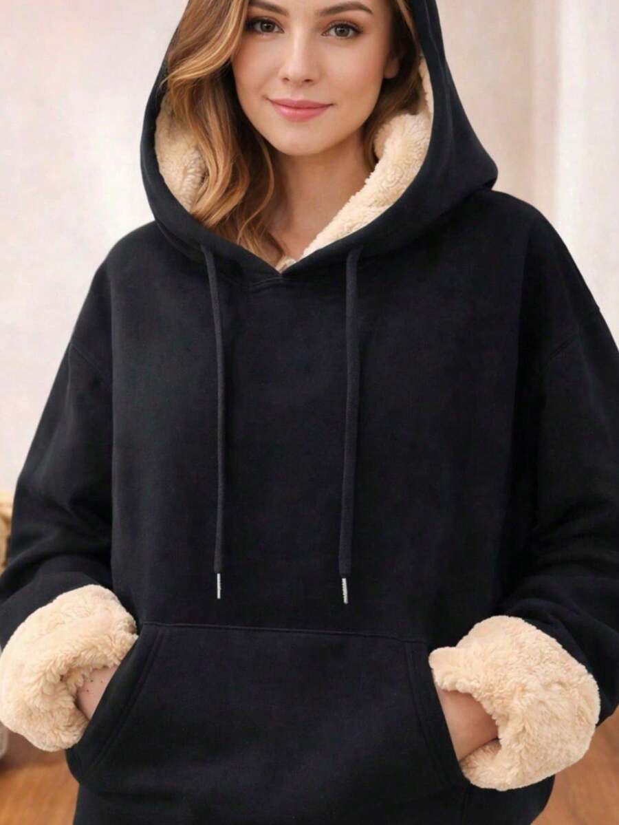 Women's Plain Kangaroo Hoodie With Plush Lining - Imported - Super Stylish And Warm - NEW RELEASE 2026 - 黑色 - 查看 1