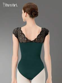 DonsGirl 1pc Women V-Neck Lace Patchwork Short Sleeve Leotard, Elegant Dance Bodysuit Spring Sports - 墨綠色 - 查看 10