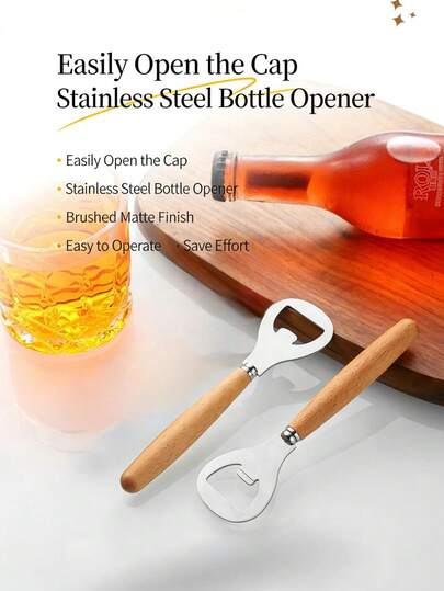 Stainless Steel Bottle Opener With Wooden Handle, Matte Brushed One-Piece Design, Easy Cap Removal, Household Beer & Soda Opener, Slip-Resistant, Suitable For Bars And Restaurants
