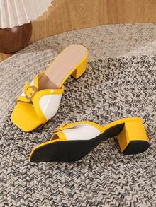 Sandalias de tacón alto de unicolor amarillo y blanco con bloque de color, correa con hebilla, tacón grueso y punta cuadrada, zapatos de vacaciones - Amarillo - Ver 4