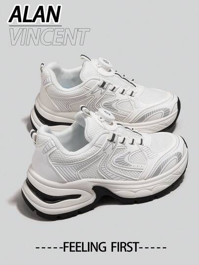  Alan Vincent[Devolución/Intercambio gratuito][Serie de calzado deportivo urbano]Zapatos deportivos blancos con hebilla giratoria, nuevos zapatos deportivos para mujer con suela gruesa, cómodos y de moda, zapatillas de running con aumento de altura, zapatos deportivos casuales para mujer, transpirables de malla, fáciles de poner y quitar