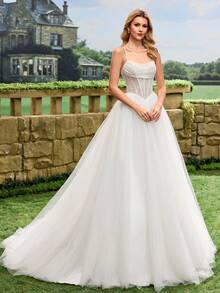 Glamorous Sequin Spaghetti Strap Formal Evening Gown, White Tulle Wedding Dress With Train Spring - White - View 12