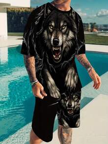 Men'S 2pcs Animal Wolf Print Pattern Men'S T-Shirt Short Sleeved Men'S Shorts Set Sports Suit Breathable Quick Drying Daily Casual Outdoor Wear, Sweat-Resistant, Sweat-Resistant - style - 查看 2