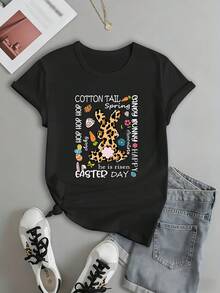 Camiseta De Manga Corta Para Mujer Con Estampado De Huevos De Pascua Y Pollitos - Blusa Casual De Cuello Redondo Para Primavera Verano Para Atuendo Casual, Top De Manga Corta Lavable A Máquina - En Stock (ajuste Regular) 670252 - [Negro] - Ver 1