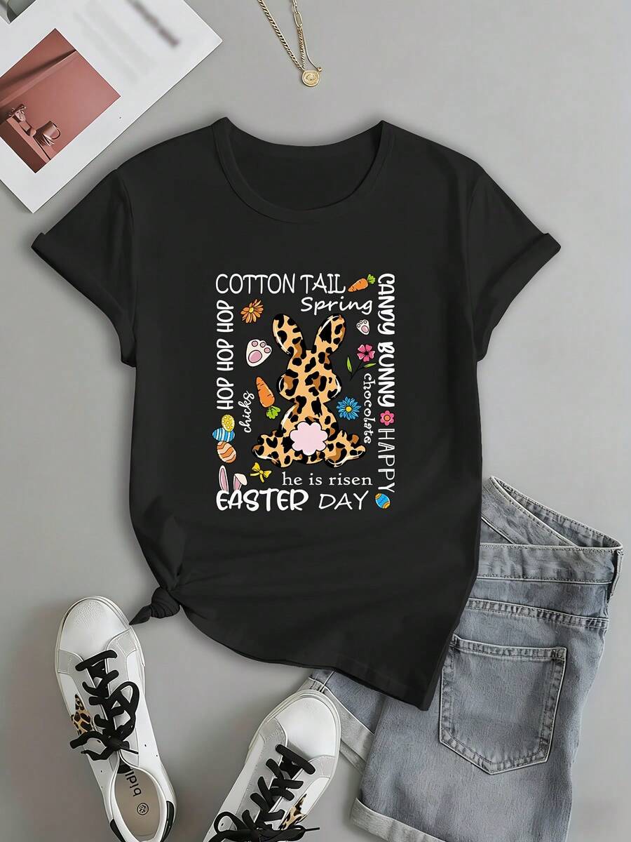 Camiseta De Manga Corta Para Mujer Con Estampado De Huevos De Pascua Y Pollitos - Blusa Casual De Cuello Redondo Para Primavera Verano Para Atuendo Casual, Top De Manga Corta Lavable A Máquina - En Stock (ajuste Regular) 670252 - [Negro] - Ver 1