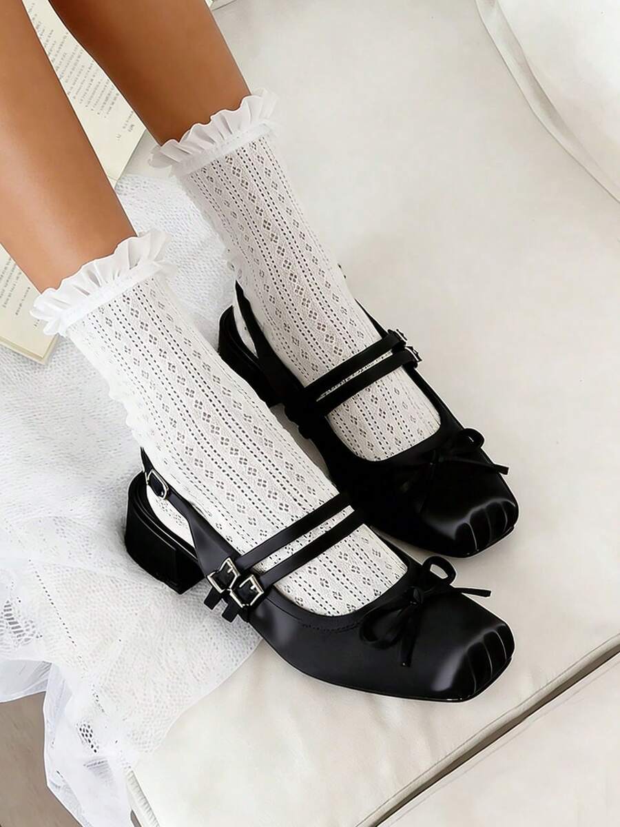 Women's Ballet Heels Elegant Square Toe Bow Satin Mary Janes Ballerina Chunky Heel Party Buckle Strap Sweet Cute Wedding Shoes For Women Valentine's Day Gift - 黑色 - 查看 1