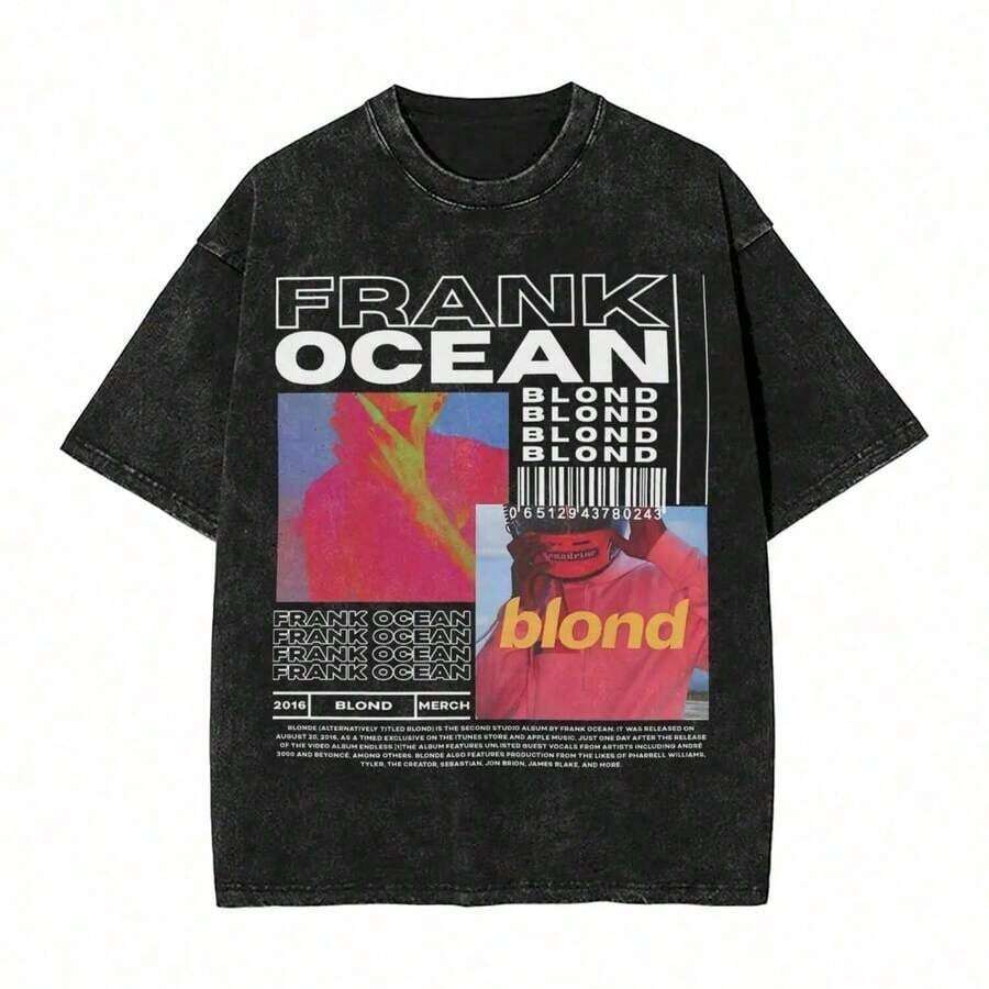 2026 Summer ClothesWashed T Shirt Frank Oceans Blonde Album Music Hip Hop Vintage T-Shirts Oversize Streetwear Cotton Summer Tees For Men WomenLoose And Comfortablesummer Tops - 黑色 - 查看 1