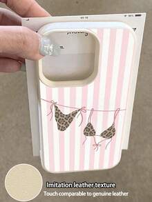 Striped 1pc Summer Limited Edition Pink Vertical Stripe 2-Piece Swimsuit Pattern Lychee Texture TPU Waterproof Shockproof Anti-Slip Soft Phone Case Suitable Compatible With Apple// Phones - Multicolor - View 3