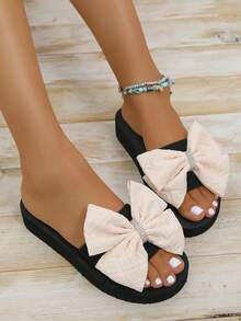 Bow Tie Flip Flops For Women, Summer Fashion Flat Slippers, Non-Slip Thick Sole Beach Sandals, Wedge Heel Vacation Casual Slides - Beige - View 1
