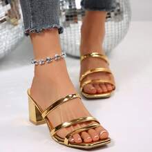 Women's Solid Color Party PU Leather Patent Thick Heel High Heel Sandals, Summer - Gold - View 4