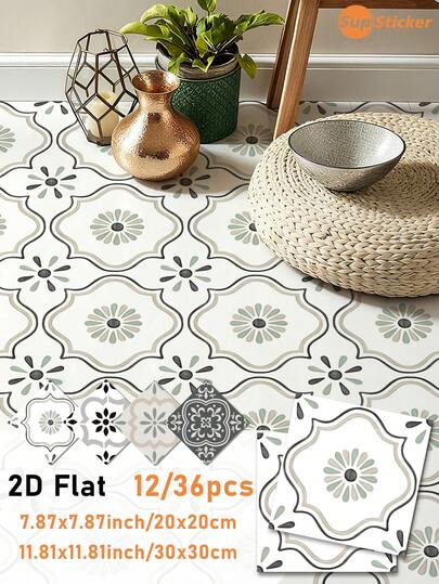 12 Stücke Vintage Europäischer Fliesenstil Selbstklebende Bodenaufkleber, abriebfest, einfache Installation, abnehmbar, hochästhetisch, geeignet für Balkon, Badezimmer, Küche, Flur, Heimdekoration, Renovierung