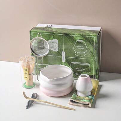 Matcha Set - 7-Piece Set, Including Matcha Brush, Measuring Spoon, Tea Utensils, Tea Bowl, And Stand. The Matcha Set Is Perfect As A Gift For Lovers, Friends, Colleagues, Or Family, Suitable For Birthdays, Anniversaries, Ramadan, Valentine's Day, And Easter (Gradient Green).