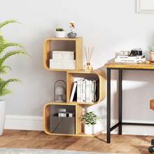 COSTWAY 3-Tier S-Shaped Bookcase, Bamboo Bookshelf With 3 Open Compartments, Geometric Corner Rack, Decorative Storage Solution, Floor Display Shelf For Living Room, Study, Home Office, Natural - A - View 4