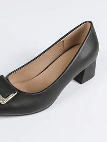 Women's Pointed Toe Elegant Chunky Heel Slip-On Fashion Pumps - Black - View 8