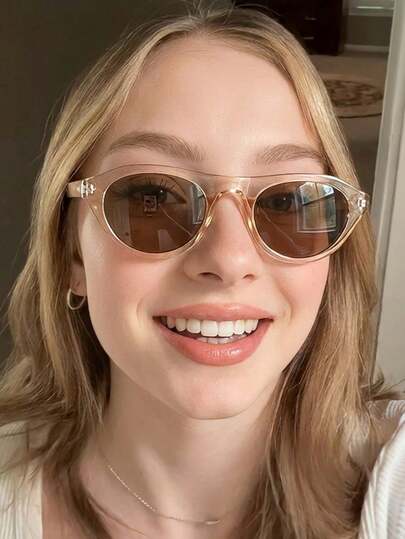 1 par de gafas de mujer con montura redonda de PC color champán, de estilo minimalista y de unicolor, de moda y estilo callejero