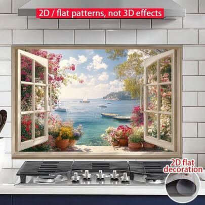 1pc 2D Flat Kitchen Wall Sticker - Sea View From Window - Suitable For Kitchen/Cafe/Restaurant Wall Decoration