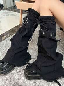 1 双 Y2K 哥特式牛仔布腿套，时尚朋克喇叭形抽绳过膝袜，十字设计，女士款 - 黑色 - 查看 8