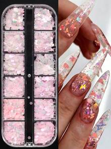 12格粉色爱心花朵美甲装饰套装+指甲镊子，樱花花瓣，蝴蝶，月亮，星星六边形美甲装饰，日式全息美人鱼设计亮片美甲装饰，适合春夏 - 淺粉色 - 查看 8