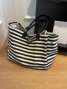 Simple Stripe Design Tote Bag For Girls Women Canvas Shoulder Bag Ladies Shopping Bags High Quality Handbags School Tote Bag, Portable, Foldable, Business Casual, Suitable For Teen Girls Women College Students, Teacher, Rookies & White-Collar Workers College, Vacation, Beach, Holiday, Shopping, School Handbag, School Bookbag, Back To School Bags, Large Capacity, Lightweight, Classic Casual, Perfect For Back To School, First Day Of School, Holiday, Tote Bags For School, College Essentials , Teacher Gift ,Vacation Essentials , Beach Bag, Vacation - 黑與白 - 查看 8