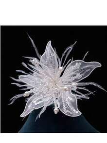 1个手工白色蕾丝花朵羽毛装饰发夹，新娘婚礼配饰，摄影棚化妆配饰，发爪，发夹，发卡，发卡 - 白色 - 查看 5