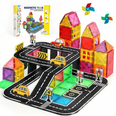 Magnetic Building Blocks City Road Set, With Magnetic Road Signs & Toy Cars, STEM Magnetic Toys For Children, Suitable For Kids 3+ Years Old, Great Gift For Easter/Thanksgiving/Back To School/Birthday