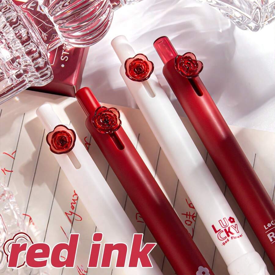 Set de 4 bolígrafos retráctiles de alta calidad con diseño de rosa vintage, recambio de tinta roja de 0.5mm, de secado rápido para oficina, estudio, diario y corrección de flores - Conjuntos - Ver 1