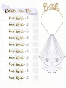 GCGIGUI Bộ phụ kiện tiệc cưới và tiệc độc thân 3 món/13 món, bao gồm ruy băng, khăn voan, phụ kiện đội đầu, trang trí tiệc cưới và tiệc độc thân màu vàng hồng, phù hợp cho các trò chơi trong tiệc cưới và tiệc độc thân. - trắng - Xem 3