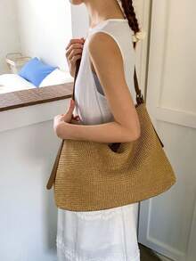 2026新款大容量休闲草编斜挎包，沙滩手提编织包，夏季度假必备 - 棕色 - 查看 9