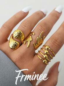 Frminee 3pcs/1pc Chunky Design Geometric Stackable Gold Stainless Steel Ring, Western Jewelry, Waterproof, Suitable For Daily, Date, Party, Holiday Accessories Gifts - Gold - View 9