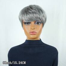 Peluca de cabello humano brasileño con flequillo, color gris, corte pixie de 4 pulgadas, sin pegamento, fácil de usar para cosplay, look recto y con capas, ideal para cosplay, fiestas y citas de mujeres, uso de bailarines/raperos de música Hi-POP, estilo coreano y K-Pop, con estilos versátiles (casual, elegante, preppy, modesto, romántico, glamoroso, vintage, deportivo, lindo, real, simple, vacacional, diario, festivo) - SGray - Ver 12