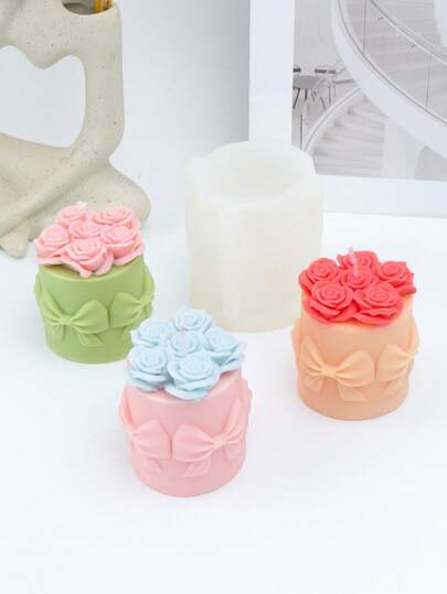 3D玫瑰花顶柱形蜡烛硅胶模具花簇圆柱形肥皂工艺模具DIY浮雕花瓣树脂制作浪漫节日礼物情人节装饰