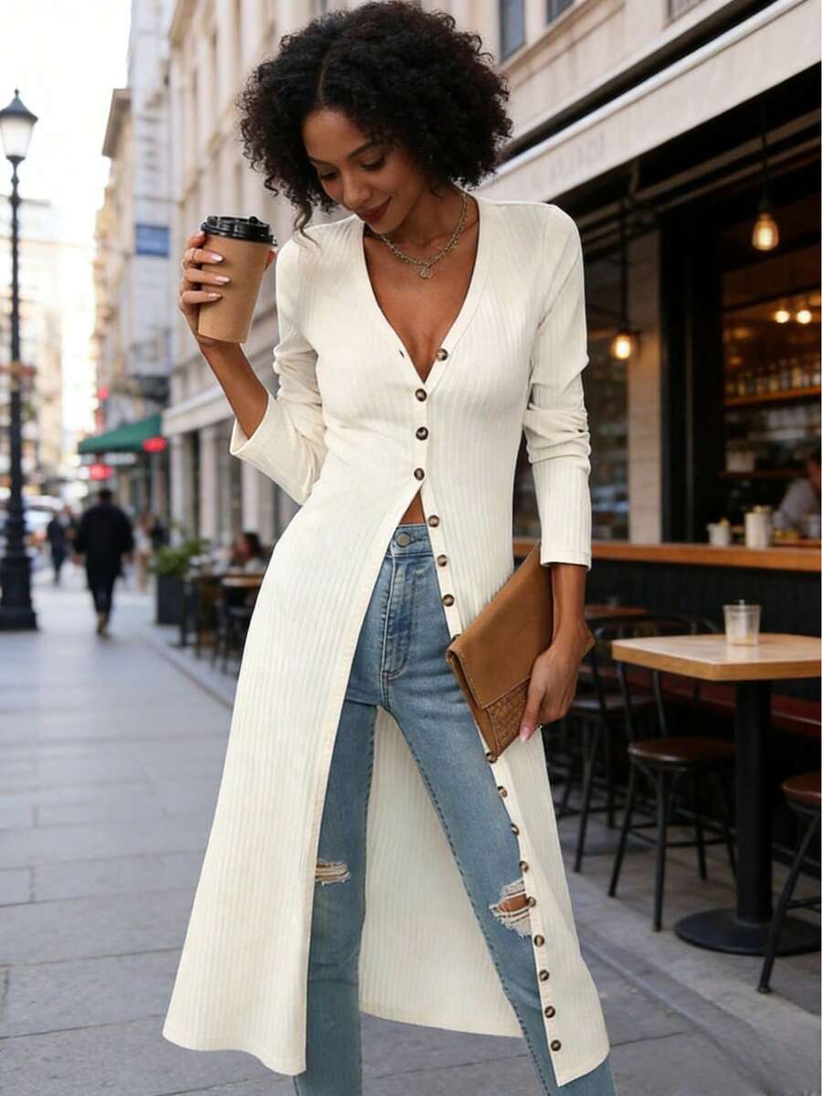 Women's Beige Ribbed Knit Maxi Cardigan Button Down V-Neck Long Sleeve Open Front Duster Coat For Layering - 白色 - 查看 1