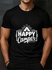 Camiseta Retro de Camping para Hombre - Estampado Gráfico de Campista Feliz y Tienda de Campaña, Manga Corta, Negra con Diseño Blanco para Exteriores, Cuello Redondo H-Fit, Ropa de Camping y Casual - Para Todas las Temporadas (Regalo Ideal para Campistas) - Negro - Ver 1