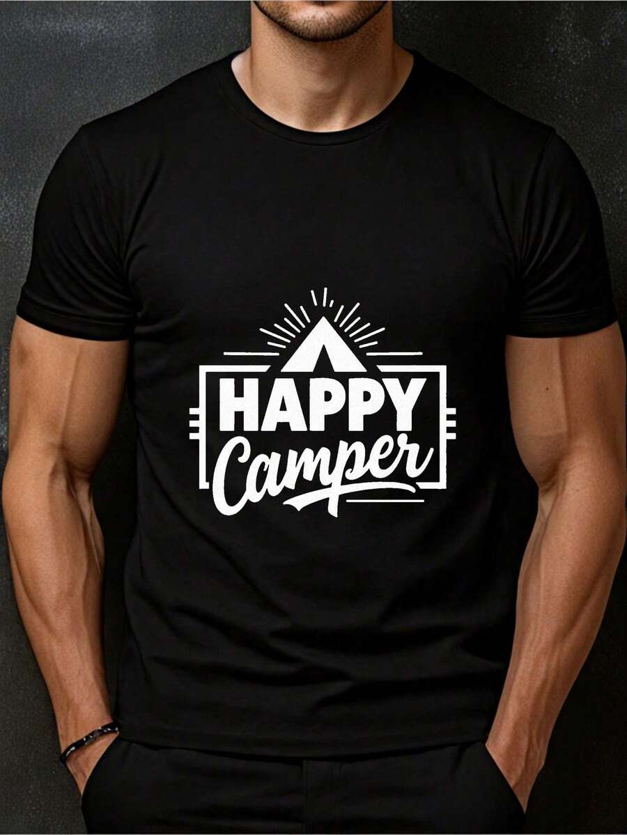 Camiseta Retro de Camping para Hombre - Estampado Gráfico de Campista Feliz y Tienda de Campaña, Manga Corta, Negra con Diseño Blanco para Exteriores, Cuello Redondo H-Fit, Ropa de Camping y Casual - Para Todas las Temporadas (Regalo Ideal para Campistas) - Negro - Ver 1