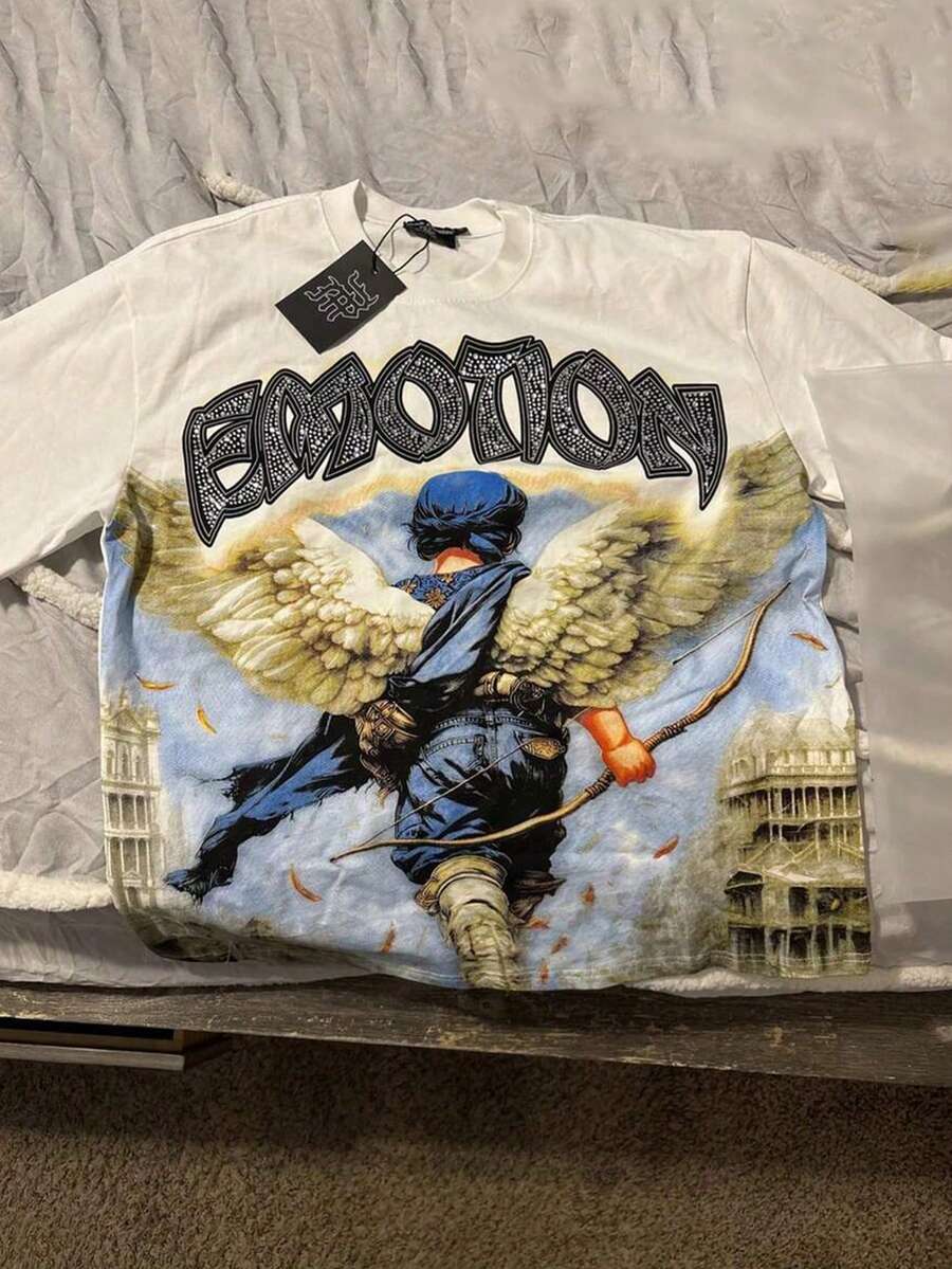 Mixed Emotion "Angel Shooter Printed Heavy Short Sleeve T-Shirt With Printed Pattern, Y2K Street Style Large Area Printed T-Shirt For Summer, Skin Friendly And Breathable, Neutral Size, No Body Selection, Free Movement - 白色 - 查看 1