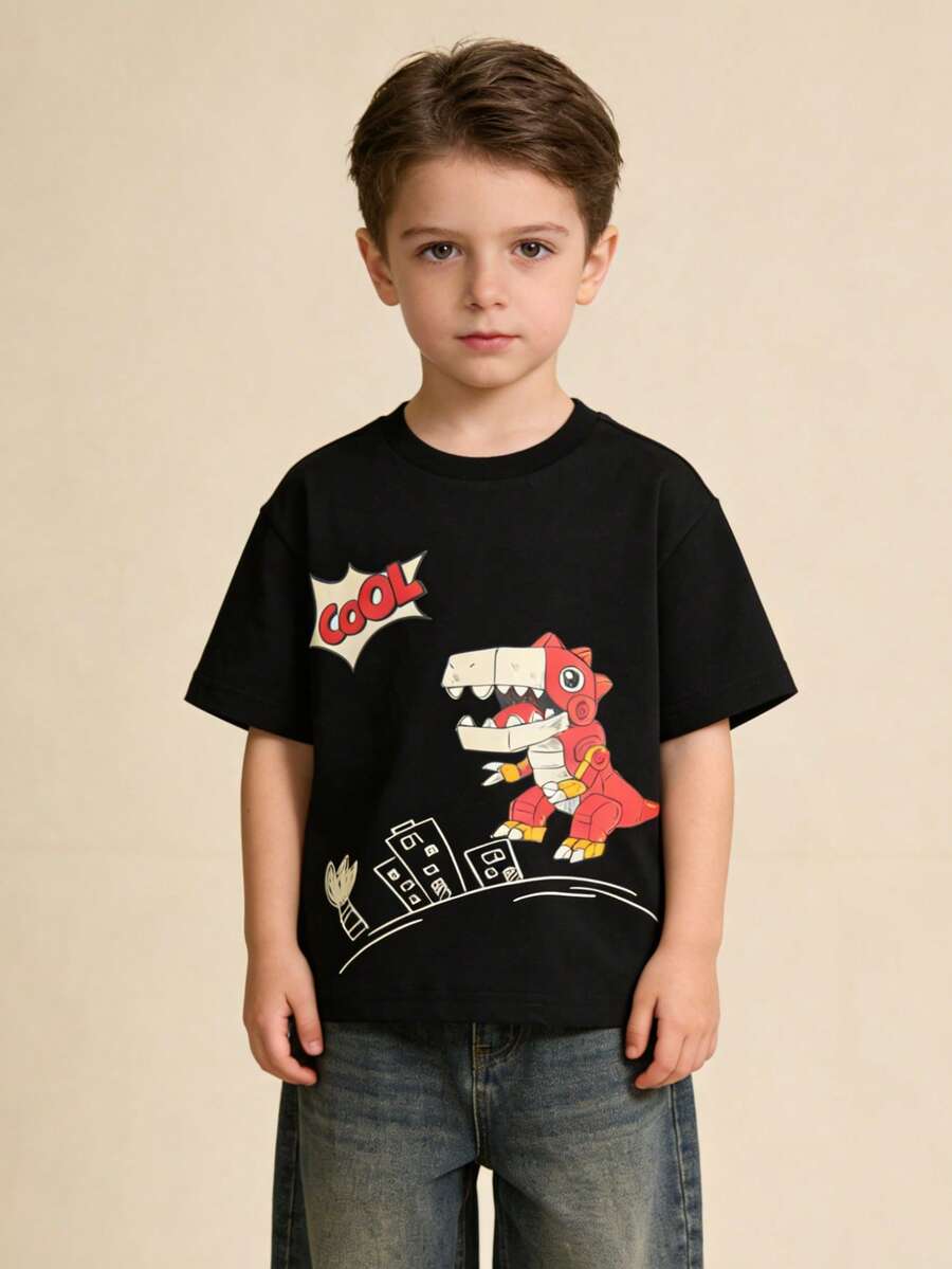 Balabala Áo thun ngắn tay bằng cotton họa tiết khủng long và robot dành cho trẻ em, thích hợp mặc hàng ngày. - màu đen - Xem 1
