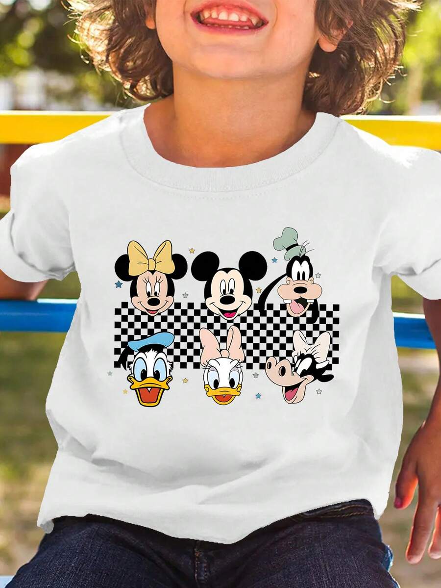 Disney Summer Tops,  Print Graphic Tee, Perfect For Cool Boys. Teen Boy Gift,Comfortable And Breathable Children's Short-Sleeved T-Shirt. 180g Pure Cotton Children's Clothes,Suitable For Both Boys And Girls.Suitable For Daily Wear, Vacations, Outdoor Activities, And As A Children's Gift. - 白色 - 查看 1